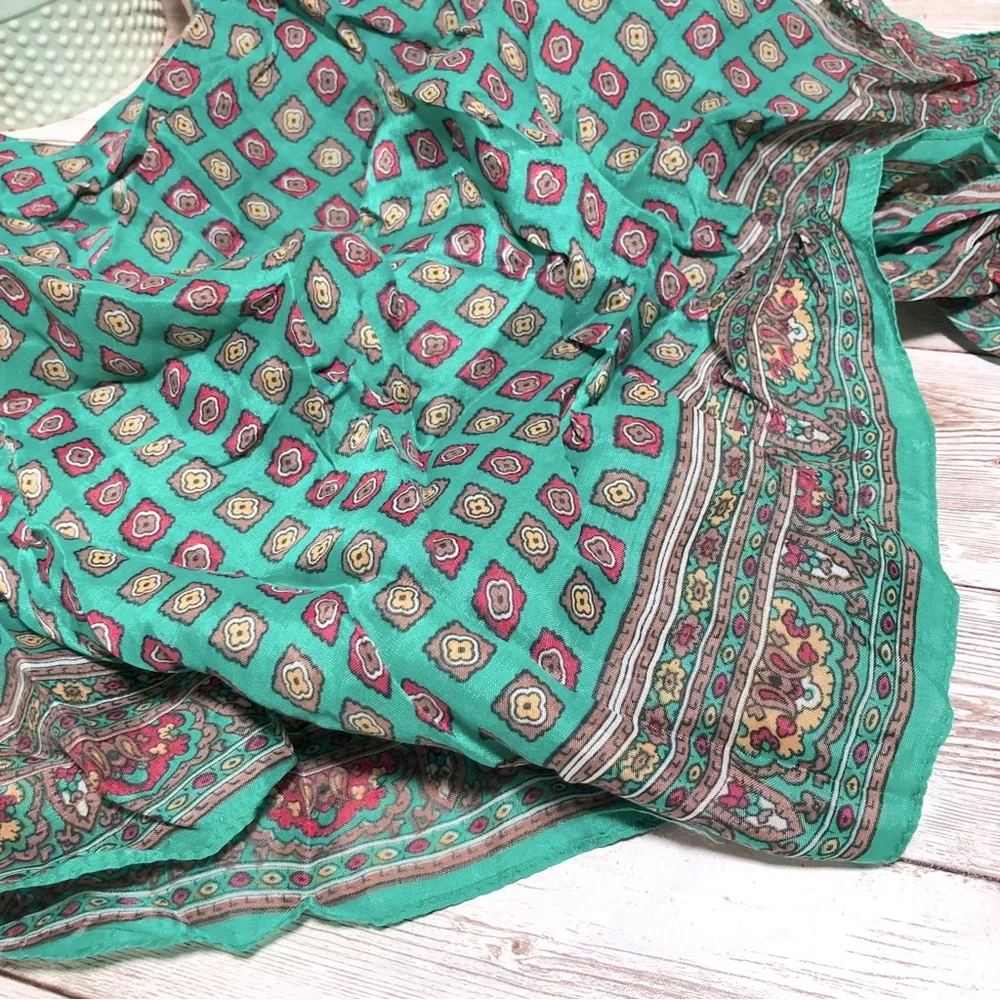 Vintage Green Brown Womens Square Scarf Head Wrap Floral Geometric Print Classic
